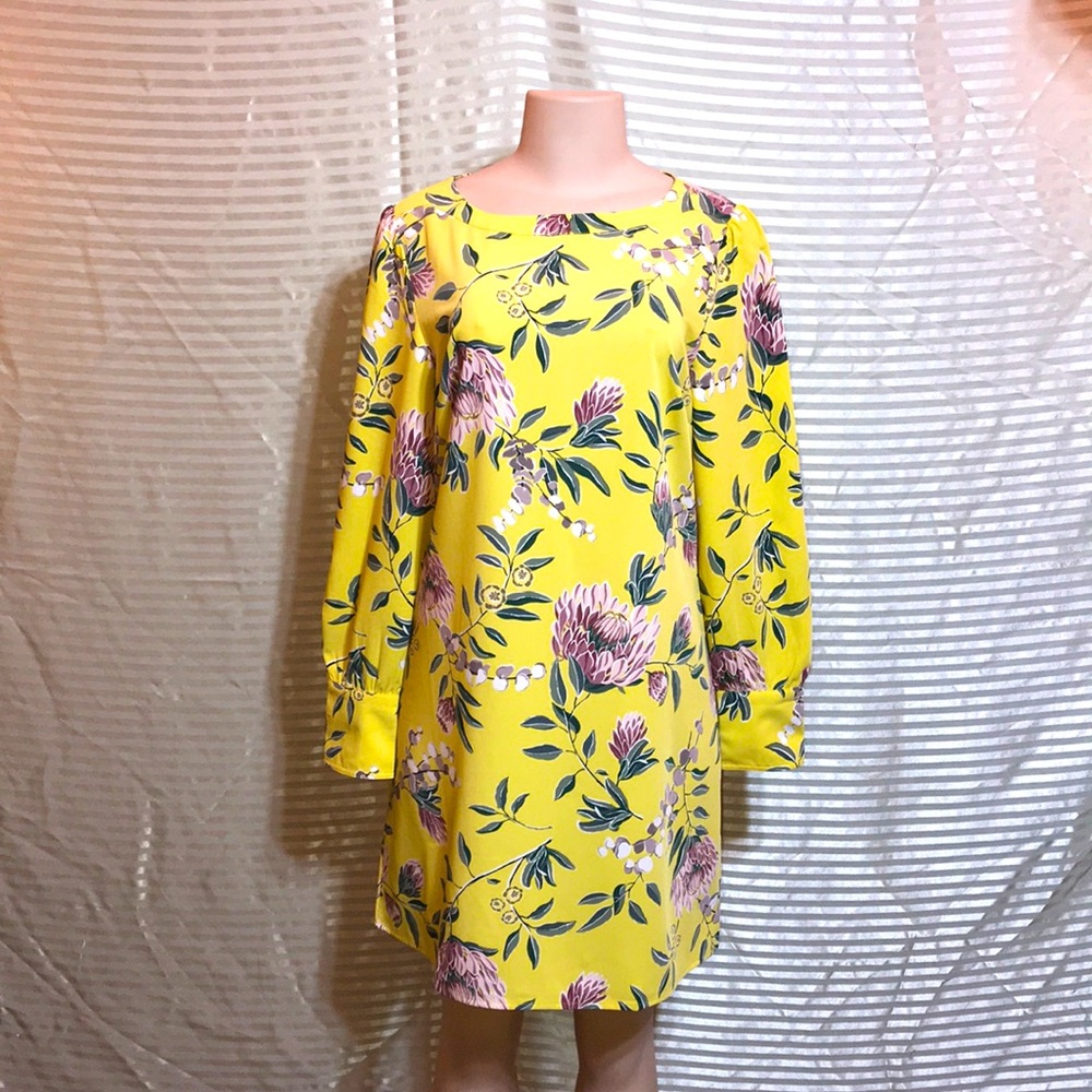 LOFT NWT Yellow Floral Shift Dress Size 8 Long Sleeve Spring Garden